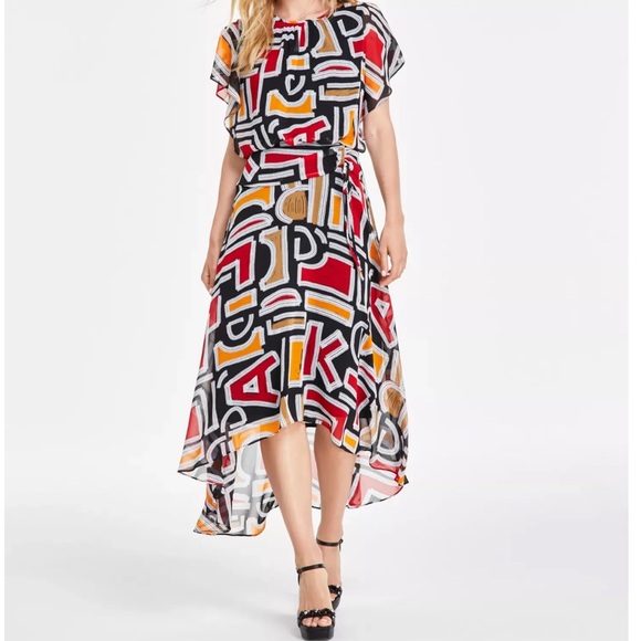 New Karl Lagerfeld Paris Black Printed High/Low Flutter Sleeve Dress Sz 4 - Picture 1 of 14